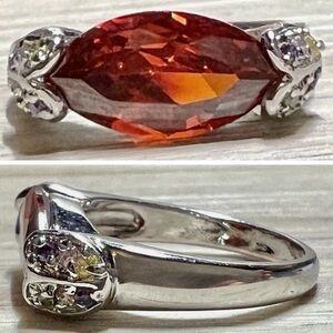 Vintage 18K White Gold Plated Marquise Garnet & Multicolor Gemstone Ring, Size 7